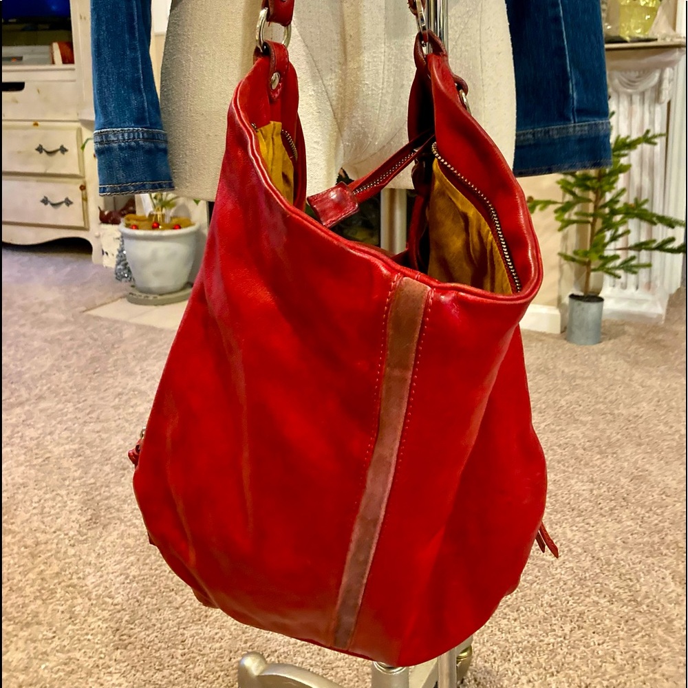 Beautiful RED leather Tano sack  Zipper sides for accommodating the kitchen sink